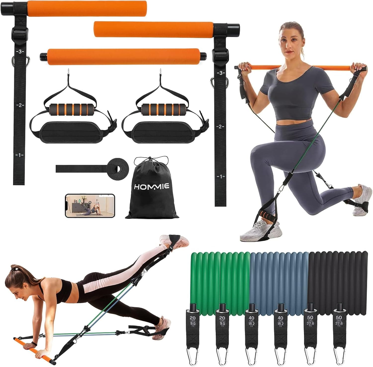 Kit de Barra de Pilates Hommie, Set mejorado con 6 Bandas de Resistencia